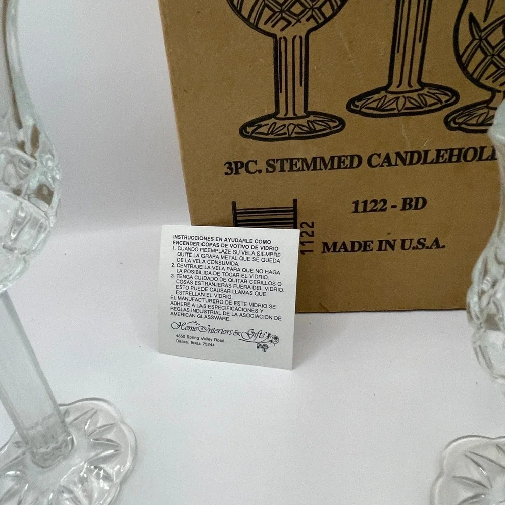 Home Interiors Stemmed Candle Holder Set 3pc Clear Glass Diamond Cut Vintage 90s